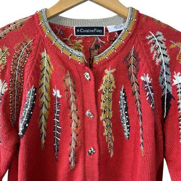 Christine Foley Vintage Coral Embroidered Cotton Cardigan Sweater Size 1 - Picture 4 of 7